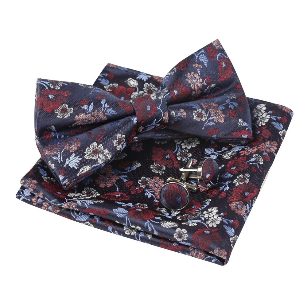 8594 Floral Pattern Pre-tied Bow Tie Pocket Square and Cufflinks Set